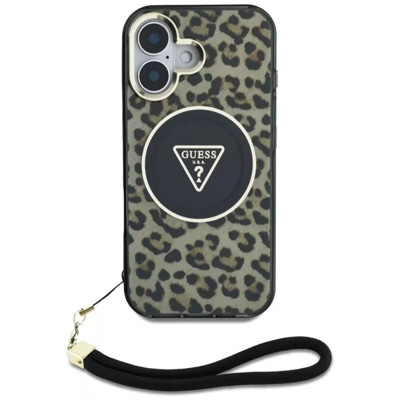 Guess HC IML Leopard Triangle Maciņš iPhone 16 ar Auklu, Brūns, MagSafe