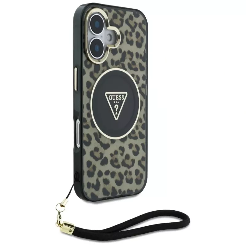 Guess HC IML Leopard Triangle Maciņš iPhone 16 ar Auklu, Brūns, MagSafe