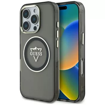 Guess IML Metal Mountain Logo MacSafe Macītis iPhone 16 Pro (Melns)