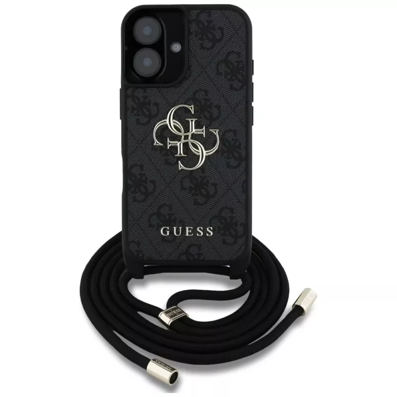 Guess 4G Big Logo Cord StapCrossbody Case for iPhone 16, Black