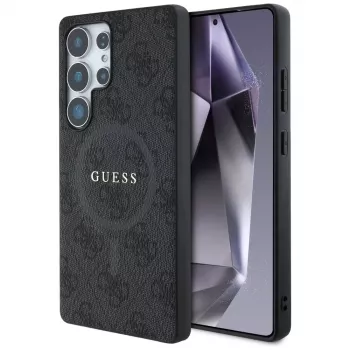 Guess Leather 4G Colored Ring Classic Logo MagSafe Back Cover for Samsung Galaxy S25 Ultra, Black
