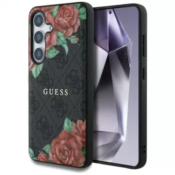 Guess Leather 4G Flowers Print Metal Classic Logo MagSafe Case Samsung Galaxy S25, Melns