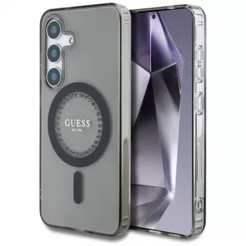 Guess Rhinestones Printed Classic Logo MacSafe Macītis Samsung Galaxy S25 (Melns)