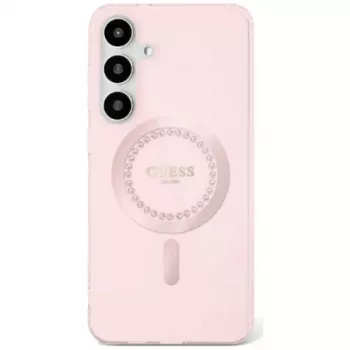 Guess Rhinestones Printed Classic Logo MacSafe Macītis Samsung Galaxy S25 (Rozā)