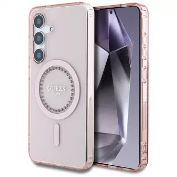 Guess Rhinestones Printed Classic Logo MacSafe Macītis Samsung Galaxy S25 (Rozā)