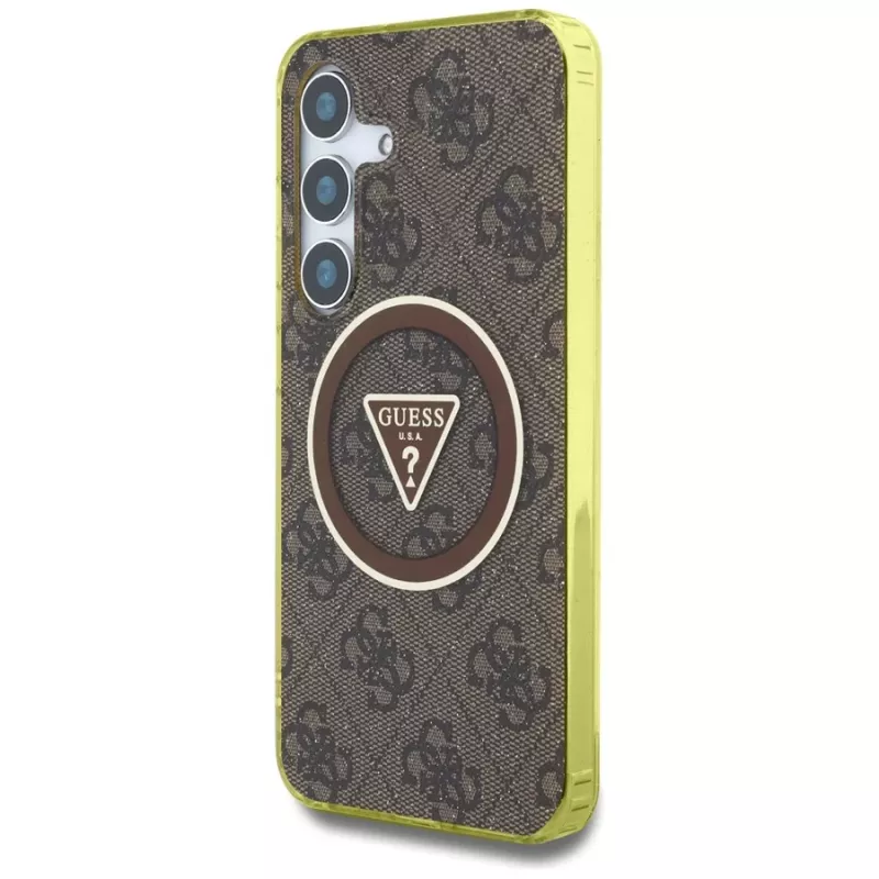 Guess 4G Glitter Triangle Buttons MagSafe Case Samsung Galaxy S25 (Brūns)