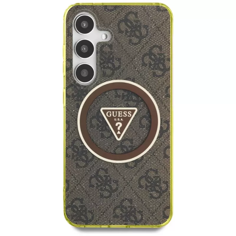 Guess 4G Glitter Triangle Buttons MagSafe Case Samsung Galaxy S25 (Brūns)