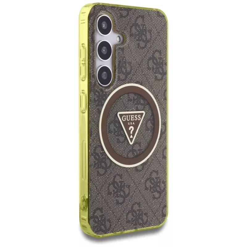 Guess 4G Glitter Triangle Buttons MagSafe Case Samsung Galaxy S25 (Brūns)