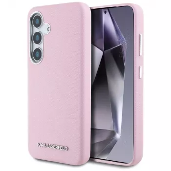 Karl Lagerfeld Saffiano FullWrapped Elongated Metal Logo MagSafe Case for Samsung Galaxy S25 Pink