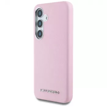 Karl Lagerfeld Saffiano FullWrapped Elongated Metal Logo MagSafe Case for Samsung Galaxy S25 Pink