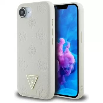 Guess Grained Hot Stamp Peony Triangle Logo MagSafe Maciņš iPhone 16e (Bēšs)