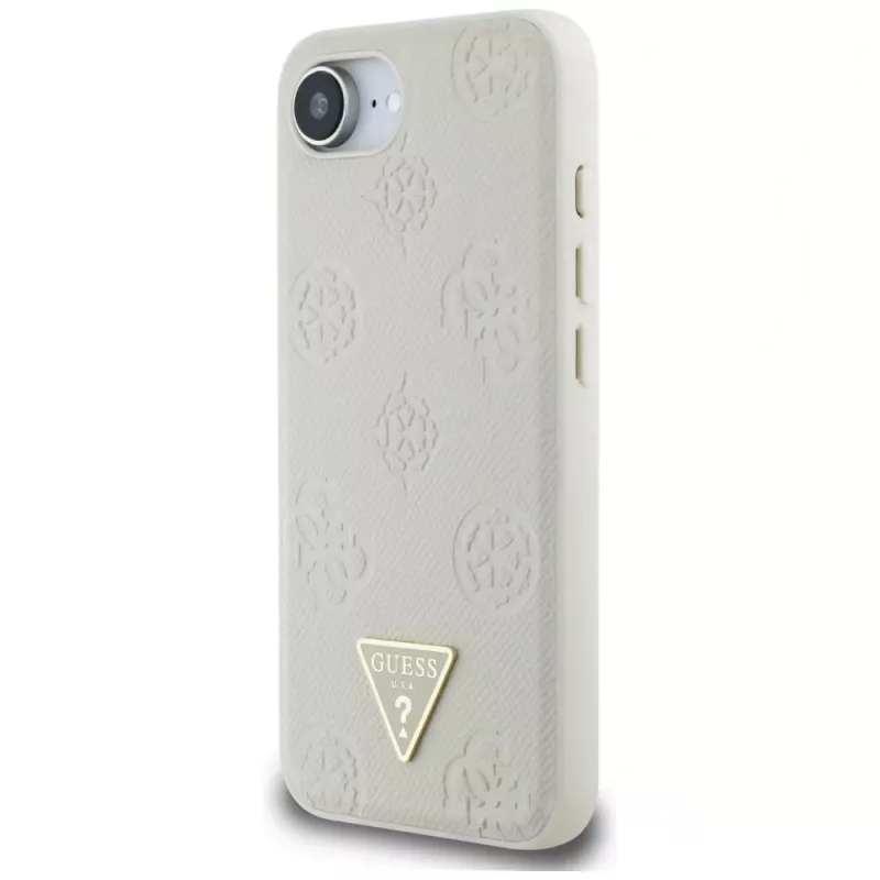 Guess Grained Hot Stamp Peony Triangle Logo MagSafe Maciņš iPhone 16e (Bēšs)