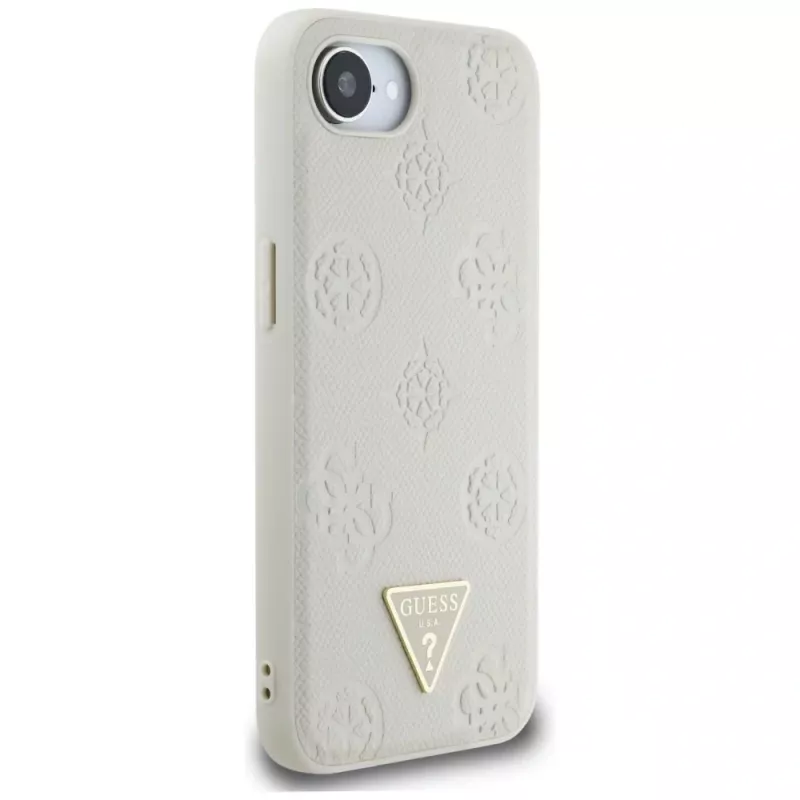 Guess Grained Hot Stamp Peony Triangle Logo MagSafe Maciņš iPhone 16e (Bēšs)