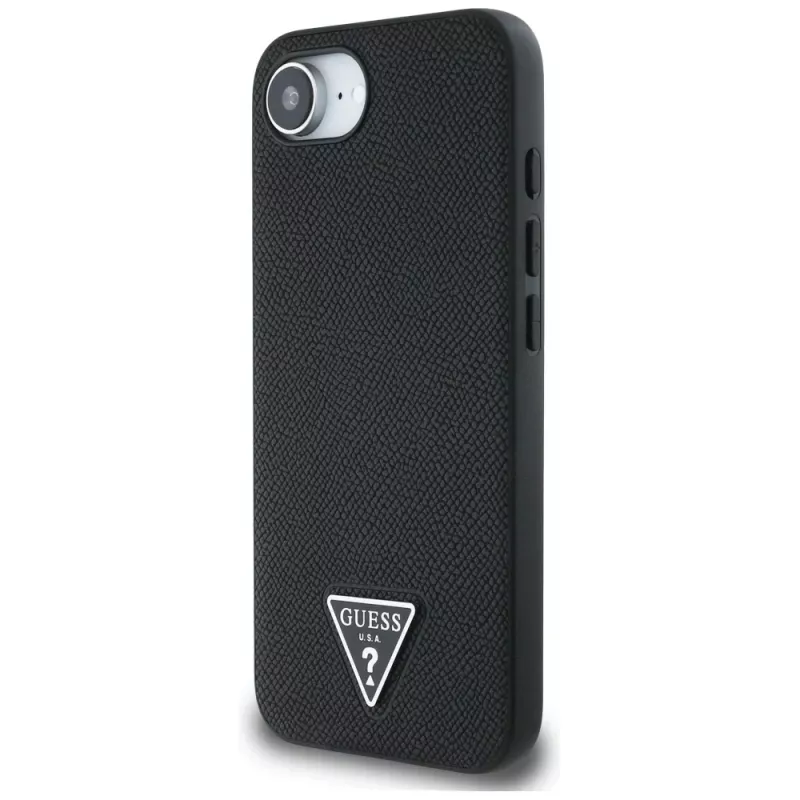 Guess Grained Triangle MacSafe Macītis iPhone 16e (Melns)