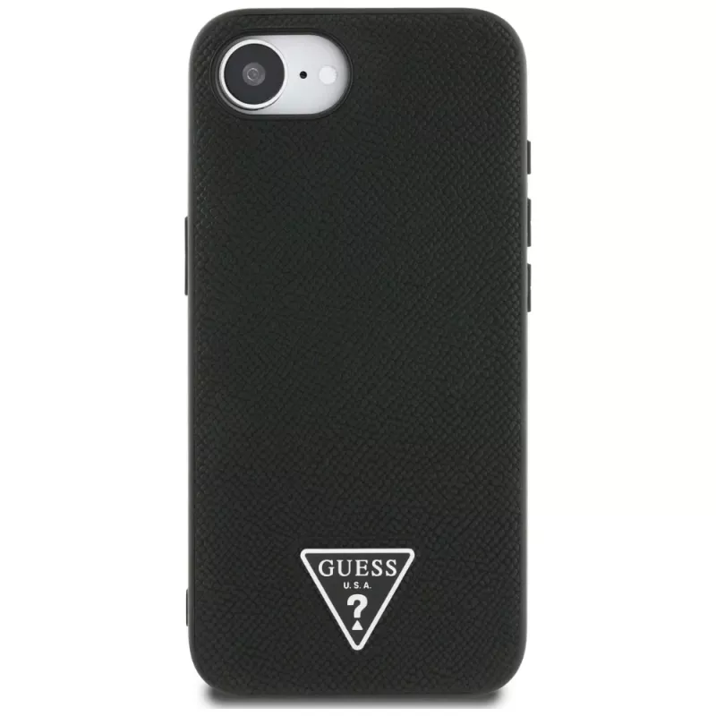 Guess Grained Triangle MacSafe Macītis iPhone 16e (Melns)