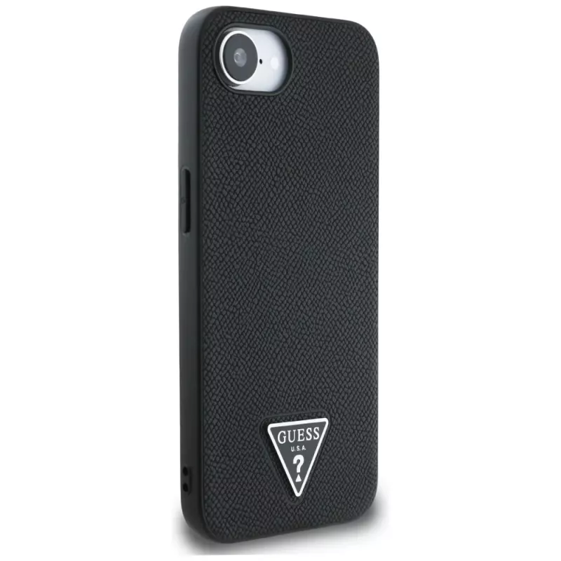 Guess Grained Triangle MacSafe Macītis iPhone 16e (Melns)