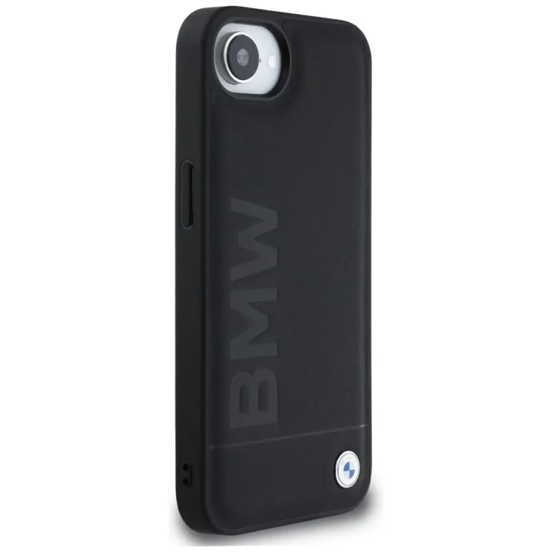 BMW Leather Hot Stamp Maciņš iPhone 16e / 17e Melns