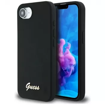 Guess Silicone Script Metal Logo Macīgais Maciņš iPhone 16e (Melns)