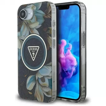 Guess IML Metal Glitter Flowers Triangle MacSafe Macītis Apple iPhone 16e (Melns)