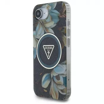 Guess IML Metal Glitter Flowers Triangle MacSafe Macītis Apple iPhone 16e (Melns)