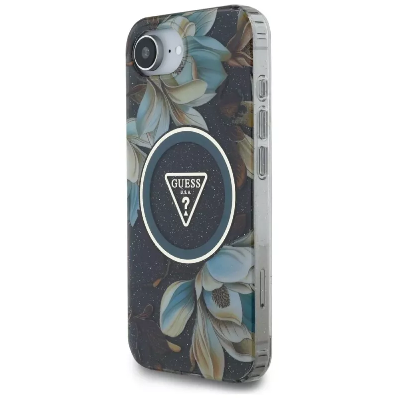 Guess IML Metal Glitter Flowers Triangle MacSafe Macītis Apple iPhone 16e (Melns)