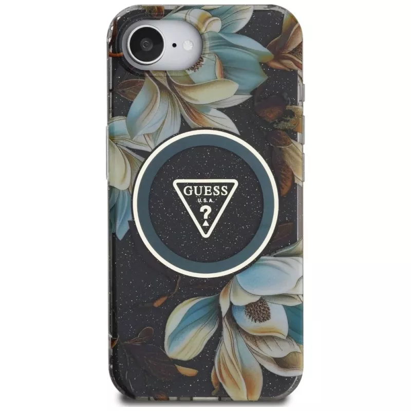 Guess IML Metal Glitter Flowers Triangle MacSafe Macītis Apple iPhone 16e (Melns)