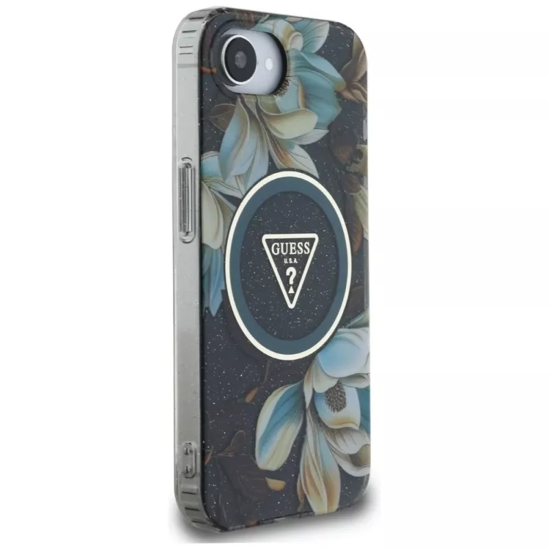 Guess IML Metal Glitter Flowers Triangle MacSafe Macītis Apple iPhone 16e (Melns)