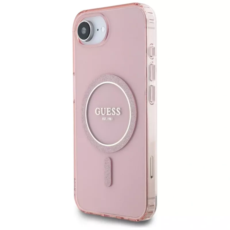 Guess IML Glitter Circle MagSafe Case for iPhone 16e (Pink)