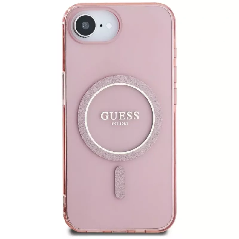 Guess IML Glitter Circle MagSafe Case for iPhone 16e (Pink)