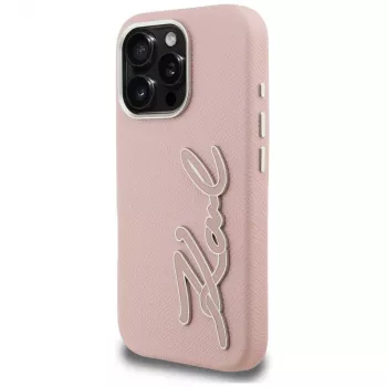 KARL LAGERFELD FW Grained Signature Logo Hard Case iPhone 16 Pro, Pink