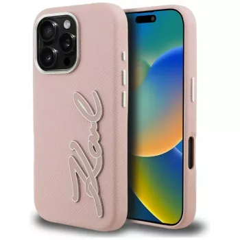 KARL LAGERFELD FW Grained Signature Logo Maciņš iPhone 16 Pro Max Rozā