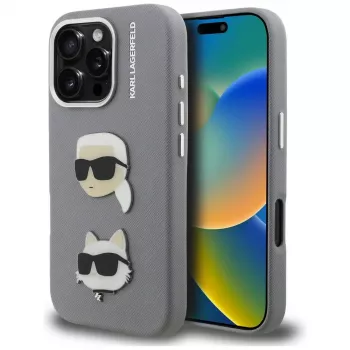 KARL LAGERFELD FW Grained Karl & Choupette Heads Pins Maciņš iPhone 16 Pro Max, Pelēks