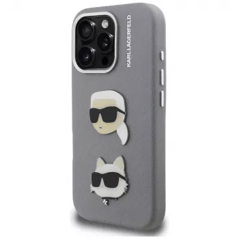 KARL LAGERFELD FW Grained Karl & Choupette Heads Pins Maciņš iPhone 16 Pro Max, Pelēks