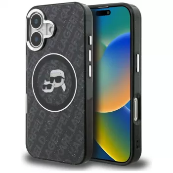 Karl Lagerfeld IML Glitter Karl & Choupette Heads Logo MacSafe Maciņš iPhone 16, Melns