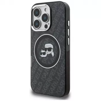 Karl Lagerfeld IML Glitter Karl & Choupette Heads Logo Maciešu futrālis Apple iPhone 16 Pro, Melns