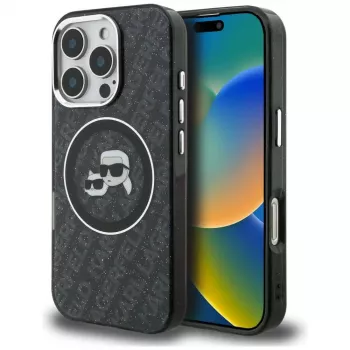 KARL LAGERFELD IML Glitter Karl & Choupette Heads Logo Macīgais Maciņš iPhone 16 Pro Max, Melns