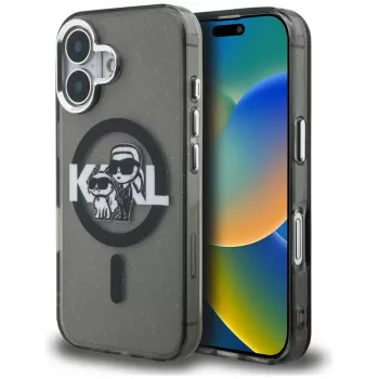 KARL LAGERFELD IML Glitter Karl & Choupette Sketch Logo MacSafe Macītis iPhone 16 Melns
