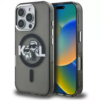 Karl Lagerfeld IML Glitter Karl & Choupette Sketch Logo MacSafe Macītis iPhone 16 Pro Melns