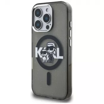 Karl Lagerfeld IML Glitter Karl & Choupette Sketch Logo MacSafe Macītis iPhone 16 Pro Melns