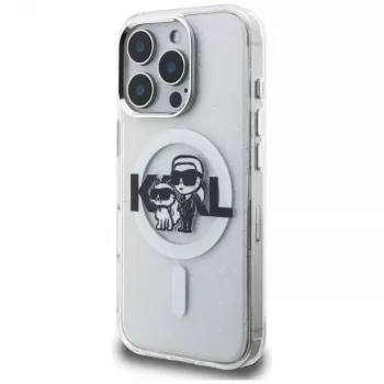 Karl Lagerfeld IML Glitter Karl & Choupette Sketch Logo Maciešu futrālis iPhone 16 Pro Max caurspīdīgs