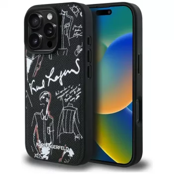 KARL LAGERFELD Grained Pattern & Logo MacSafe Maciņš iPhone 16 Pro, Melns