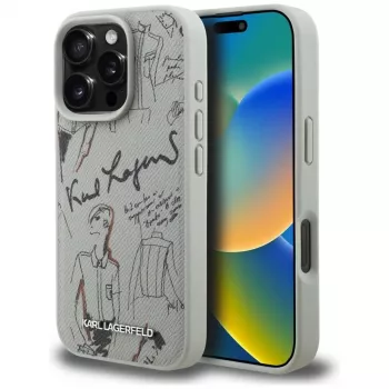 KARL LAGERFELD Grained Pattern & Logo MacSafe Macītis Apple iPhone 16 Pro Max - Pelēks