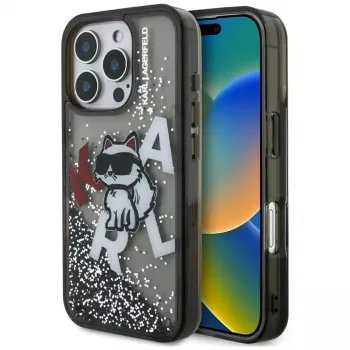 KARL LAGERFELD Liquid Glitter Choupette Logo Maciņš Apple iPhone 16 Pro Max - Melns