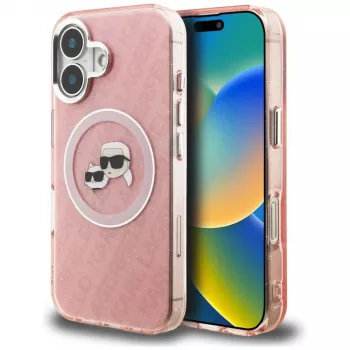 KARL LAGERFELD IML Glitter Karl & Choupette Heads Logo MagSafe Case for Apple iPhone 16 - Pink