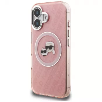KARL LAGERFELD IML Glitter Karl & Choupette Heads Logo MagSafe Case for Apple iPhone 16 - Pink