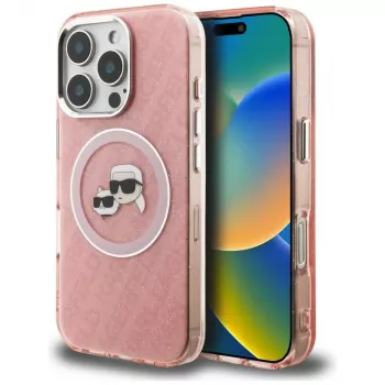 KARL LAGERFELD IML Glitter Karl & Choupette Heads Logo Macīgais Macītis iPhone 16 Pro Max, Rozā