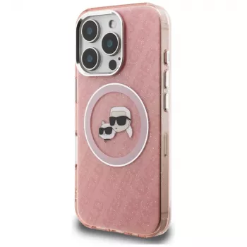 KARL LAGERFELD IML Glitter Karl & Choupette Heads Logo Macīgais Macītis iPhone 16 Pro Max, Rozā