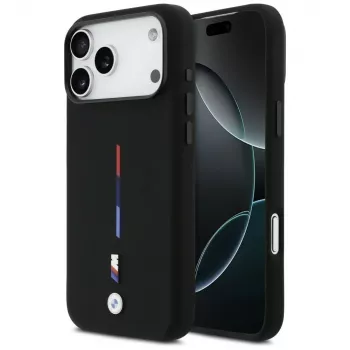 BMW M Silicon Tricolor Line MagSafe apvalks Apple iPhone 17 Pro Max, melns