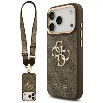 Guess 4G Big Classic Logo BigStrap Metal Buttons Case for Apple iPhone 17 Pro, Brown