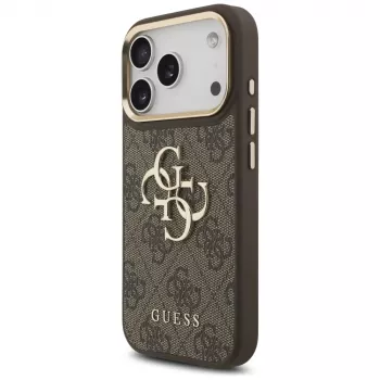 Guess 4G Big Classic Logo BigStrap Metal Buttons Case for Apple iPhone 17 Pro, Brown